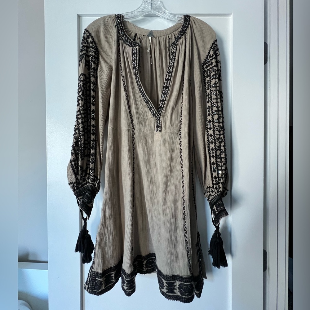Boho Free People Gray Green Long Sleeve Dress with Black Embroidery